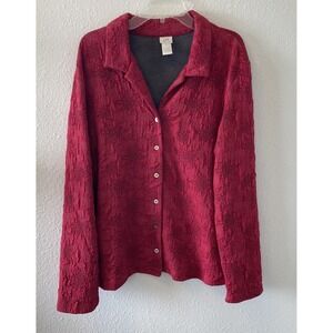 J Jill Women's Top Size L Button Up Red Embroidered Long Sleeve Thick Material